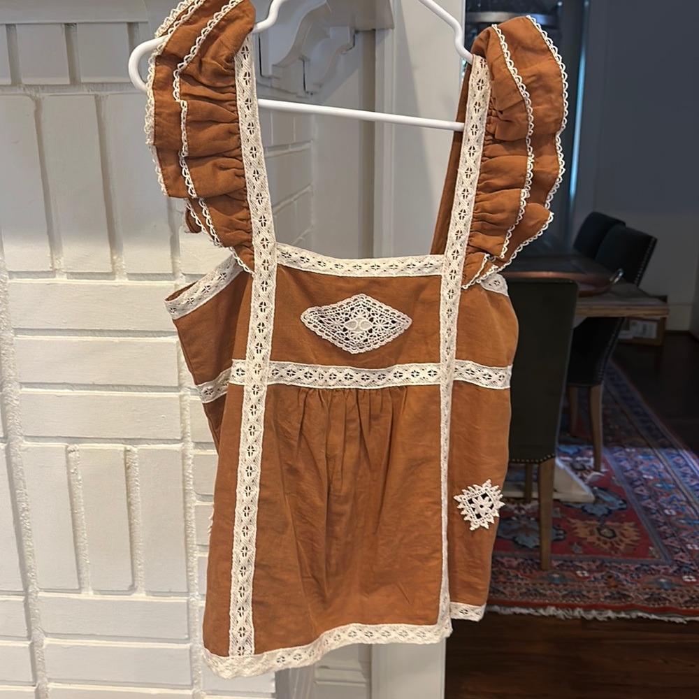 Sezane Brown and Cream Lace Trim Top